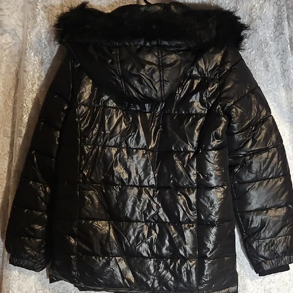 Justice Black Puffer Jacket with Faux Fur Hood - Picture 2 of 2